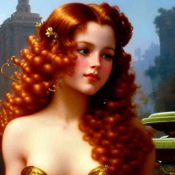 Hyperdetailed oil on canvas, young robyn lively by an ornate fountain, goldfish pond, lotus, detailed face, long muti-hued red curly hair; by gaspar camps, maxfield parrish, alphonse mucha, cyril rolando, dan mumford; luminous colorful sparkles, glitter, airbrush, octane render, volumetric lighting, 16k