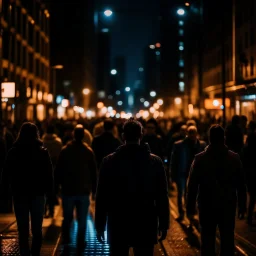 dark city at night, lots of people, blurred, focus on one person in the middle