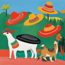 [art by David Hockney] Ah, "Animals in Sombreros"! A phrase that conjures whimsical images and playful absurdity. In the realm of fantastical tales and creative musings, "Animals in Sombreros" could symbolize a delightful blend of the unexpected and the charming. Imagine a world where animals of all kinds, from mischievous monkeys to elegant flamingos, don stylish sombreros atop their heads, adding a touch of flair and character to their already intriguing personalities.