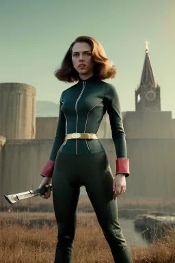 retro portrait image from 1960, Moscow background, wind, long red hair, fighting stance, sweet young Scarlett Johansson, classic black tight lycra suit, weapon, gold bracelet and belt, high heel boots, soft color, highly detailed, unreal engine 5, ray tracing, RTX, lumen lighting, ultra detail, volumetric lighting, 3d, finely drawn, high definition, high resolution.