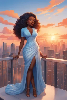 The scene opens onto a serene balcony overlooking a bustling city skyline. The sky above is painted in soft hues of blue and orange as the sun begins its descent, casting a warm glow over everything it touches. In the foreground stands a captivating figure, airbrush chibi cartoon curvy black woman exuding confidence and elegance. She is adorned in a flowing white knit maxi dress that hugs her curves in all the right places, accentuating her silhouette. Her choice of footwear is equally stunning