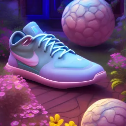 pixar style, volumetric summer garden environment and background, hyper realistic painting of Nike sneaker, looking excited, volumetric lighting, dramatic lighting, detailed digital painting, anime, ornate, colour-saturated colors, chaotic, small minutiae, tiny features, particulars, centered, smooth, sharp focus, renderman gofur render, 8k, uhd, detailed eyes, realistic shaded volumetric lighting, sunlight caustics, backlight, centered camera view