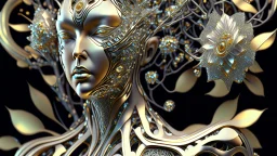 figure of a woman, art from the "art of control" collection by Jasper Harvey, in the style of futuristic optics, silver and gold, flower, bird, plant branches, detailed facial features, swirling vortices, 8k 3d, bizarre cyborgs made of crystals, high detail, high resolution, 8K