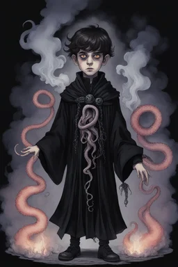 7 year old boy, necromancer, friendly, with 1 tentacle coming out of his stomach, surrounded by weird smoke with eyes, wearing black robes, in the style of Harry Clarke