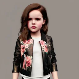 Zoey deutch toddler, full body, leather jacket, floral shirt, floral skirt, shoe, soft skin, city background, dramatic lighting, hyper realistic