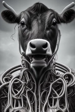 portrait of a cow in (H.R giger) style with lots of alien tenticles