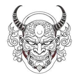 White, minimalis line art , oni mask japanes , vector, white background, outline, with images neatly contained within the background, just black and white color,