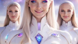 cosmic woman ,beautiful ufos rainbow, admiral from the future, galactic confédération, fine whole face, crystalline skin, expressive purple eyes,rainbow, smiling lips, very nice smile, costume pleiadian, Beautiful tall woman pleiadian Galactic commander, ship, perfect datailed golden galactic suit, high rank, long blond hair, hand whit five perfect detailed finger, amazing big puple eyes, mouth, high définition lips, cosmic happiness, bright colors