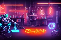 human cleaning batteries of cyborgs,centered, detailed, 8k, fabrik , arbeit, sklaverei,cyberpunk art, neon signs, wide angle,