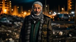 Palestinian old man wears the keffiyeh and the Palestinian dress Carrying a small city ,at winter , Destroyed Buildings , with a Explosions, at night