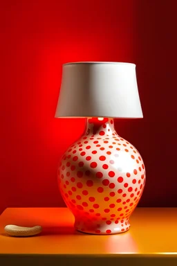 Red dots White ceramic vase lamprod with a big red linen lampshade
