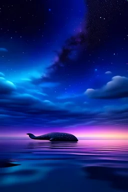 The whale in the blue and purple sky , and the sky reflects space There are stars and clouds in it