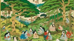 A painting by Utagawa Kunisada of people practicing yoga surrounded by wild animals and lush vegetation.