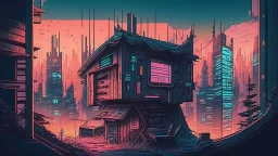 small Wooden Cabin, In cyberpunk city-skyline, comic style