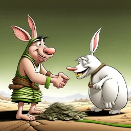 piggish cloven foot lying on stacks of money making a deal with bugs bunny in a middle of a desert