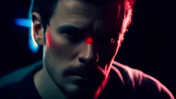 a young man with a red and blue light on his face, color photograph portrait 4k, color portrait, backlit portrait, red and cinematic lighting, cmyk portrait, photography portrait, low saturated red and blue light, chiaroscuro portrait, portrait photo of walter white, red and blue back light, dramatic lighting man, inspired by Edi Rama