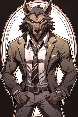 Buff, anthro, wolf, himbo, black fur, gold eyes, wearing a suit, full-body, muscles, strong, muscular, man boobs, bulky, tail, dark fur, smug grin, hands on hips,