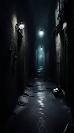 First-person view, a cell phone calls against the backdrop of a dark alley in the style of a horror film