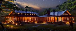 view a library in forest with fireflies and orange mystic lights around trees that have wide leaves and broad trunked. Night with moon light.