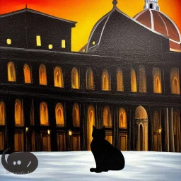 Painting of a very dark square in Florence in a stormy night. Brunelleschi cathedral in the back. Michelangelo style. A black cat is sitting in the snow.