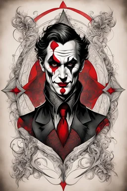 Create a captivating modern 2d black and red ink tattoo design for print , prestigious Joker using the elegant influences of medieval art style, for print, dynamic elements from fashion and design, and bold Medieval art aesthetics, framing centered in the center, distanced from the edges of the paper perimeter, perfect anatomy, bauhaus, Divine Proportion,