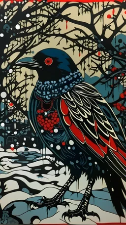 A contemporary serigraphy by Matisse and Kunisada of a human-like crow adorned in a punk leather jacket within a snowy Christmas atmosphere.