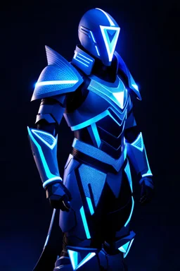 neon blue, floating triangle of light behind the back, cyber armor, geometric patterns on an armor, male, orbiting triangle