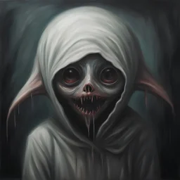 shy oddball creature, creepypasta aesthetic, surreal, sinister, profound, dramatic, eerie nonsense, matte oil painting