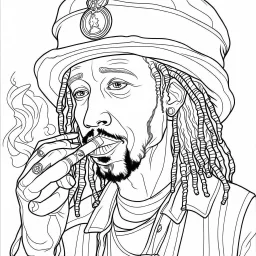 Coloring page for toodlers, with a cute rastaman smoking joint, very Bold outlines and white background, anime style, minimal number of elements, very simple