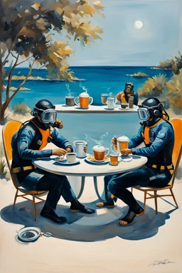 Painting of 2 divers with full diving gear on, goggles, flip flops and suits are sitting outside at a round table having tea