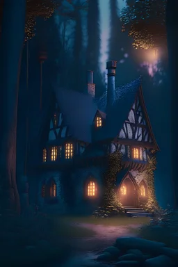 Medieval house in the forest at night, 8k Resolution, unearthly, dream-like, cinematic, smooth render, unreal engine 5, octane render, cinema 4d, HDR, dust effect, vivid colors