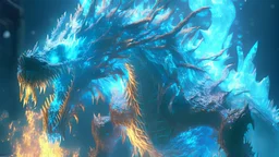 Giant horrific zombie dragon made of water and fire, covered with glowing light blue slime, photorealistic, unreal engine 5, masterpiece, trending on artstation, sharp focus