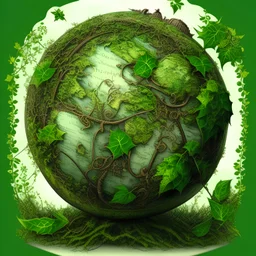 very detailed all Green planet earth globe surrounded by leaves and ivy, medieval, gothic style,