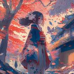 a girl wearing a kimono with ornaments and the leaves falling from the trees near a street filled with beautiful cherry trees futurism, digital art, anime, full details, high resolution, colorful, 4k, HD