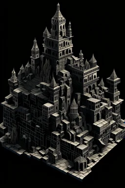 A black castle made out of steel in a chaotic shadow realm designed in ancient Greek mosaics painted by MC Escher
