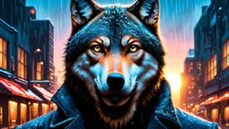 double exposure, Wolf Man, man, city, sunset, gouache, snow, rain, fantasy, mystical, tattoo, vertical pupils, high detail, high resolution, 8K