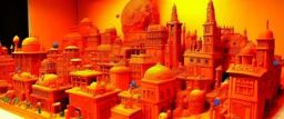 An orange colored district made out of toys designed in Moroccan rug art painted by Max Ernst