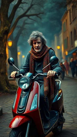 Hieronymus Bosch style , bob dylan wearing a an Arabic scarf on electric scooter 4k