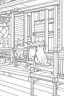 coloring page for kids, Cats on the porch, cartoon style, thick lines, low detail, no shading