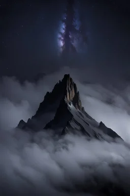 one single mountain sharp face rises out of the misty foreground into the night sky background.