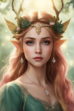 Pointed elven ears,Blonde hair ,Pink dress,Sparkling fairy wings,Very long golden hair,Fairy crown,pointed ears,elven ears,fairy wings,water lilies,sparkling,glittering,flowers,blossoms,golden crown,light pink dress