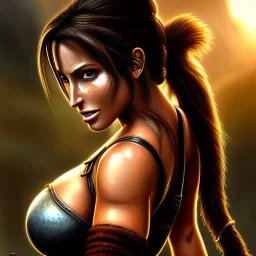 ultra detailed fullbody portrait of busty beautiful Lara Croft, extremely detailed digital painting, intrincate, extremely detailed smiling face,crystal clear Big Green eyes, in the style of Ohrai Noriyoshi and robert e howard and pablo oliveira and Ken Kelley and Keith Parkinson,mystical colors,perfectly centered image, perfect composition, rim light, beautiful lighting,8k, stunning scene, raytracing