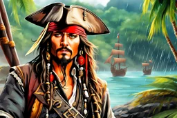 Johnny deep in 8k anime realistic drawing style, Jack Sparrow them, pirate custom, close picture, rain, neon, intricate details, highly detailed, high details, detailed portrait, masterpiece,ultra detailed, ultra quality