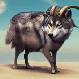 wolf, standing on beach, goat