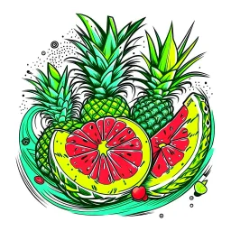 A tropical fruit platter with pineapple and watermelon slices, vibrant, refreshing, overhead lighting, T-shirt design graphic, vector, contour, white background