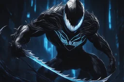 Huge symbiote in 8k solo leveling shadow drawing, shark effects, neon blue lights, sea, intricate details, highly detailed, high details, detailed portrait, masterpiece,ultra detailed, ultra quality