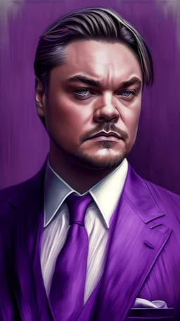 leonardo dicaprio portrait ultra realistic in suit, purple colors