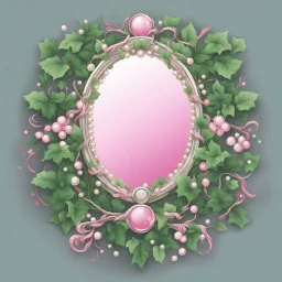 Create an Artwork of a Mirror with ivy branches and pearls necklace, Like a creative Logo for a Varasity Jacket to put a random number uin it, Vector illustration. Colors should be pink and green