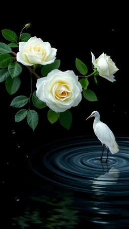 The image is a digital artwork that depicts a long branch of tree of three white roses and leaves tangling in to a water in the river with one white flamenco bird standing on the surface of the water, creating a wave-like effect. The background is black, which makes a branch of a tree of white roses stand out even more. Water droplets are scattered adding to the dreamy, ethereal quality of the image. The a