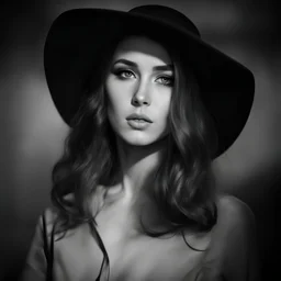 girl in a black hat, black and white photography